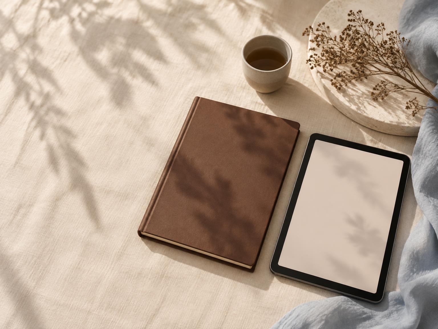 Livret et tablette posés sur du lin clair, lumière douce
