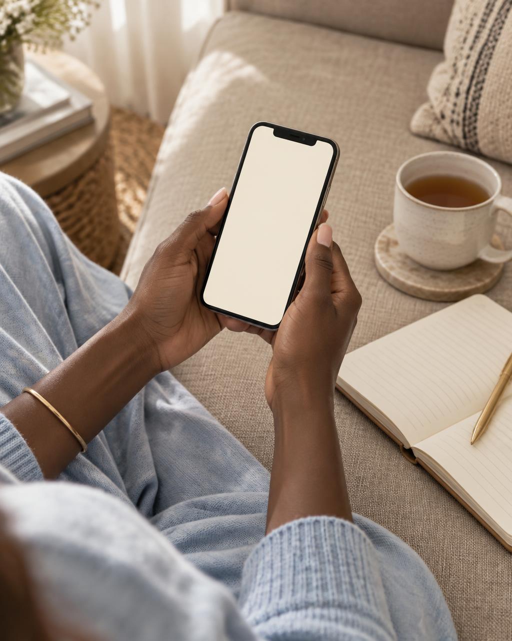 Mains tenant un téléphone, tasse de thé et carnet à côté