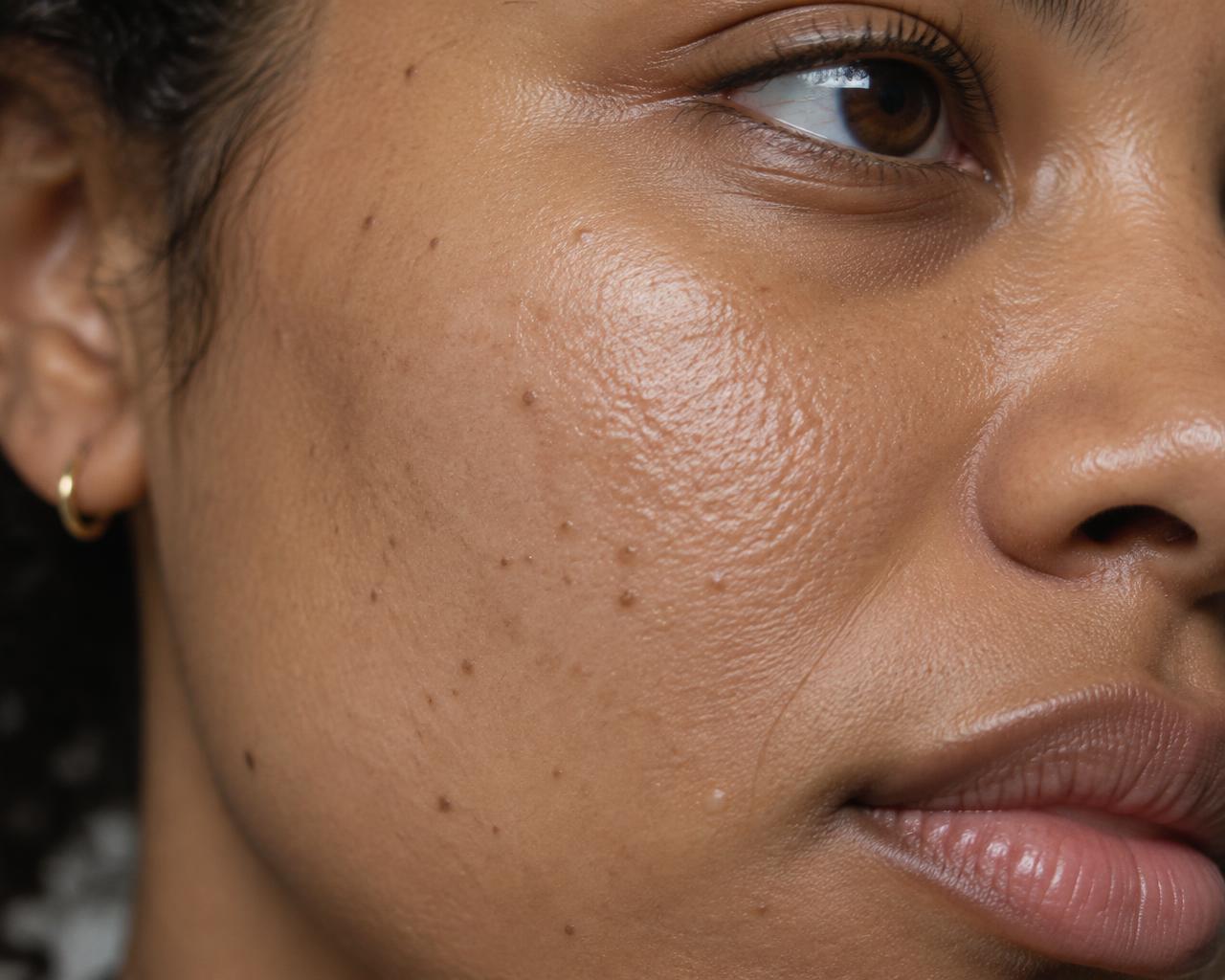 Gros plan d'une joue à la peau métissée : pores visibles, petits boutons, légère brillance